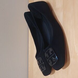 Tory Burch Black Square Toe Suede Flats